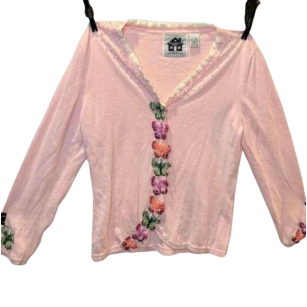Vintage Storybook Knits Pink Floral Embellished Cardigan Women's Size Small Y2K